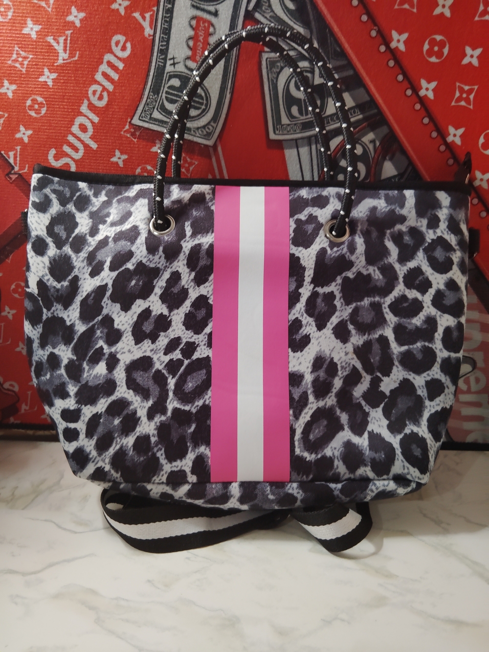 Leopard Print Tote with Pink Stripe - Women Bags
